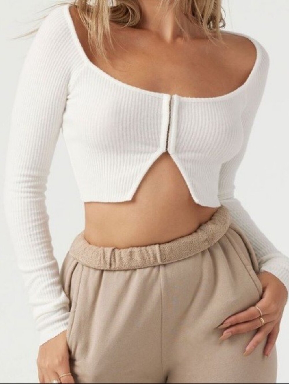 Joah Brown Luxe Hook & Eye Knit Off Shoulder Crop Top, In Ivory | Sz O/S - Picture 14 of 14